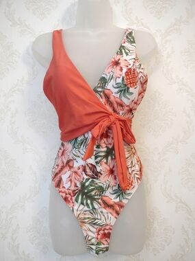 Floral Tropical One-Piece Wrap Front Swimsuit – Orange & Pineapple Print Large